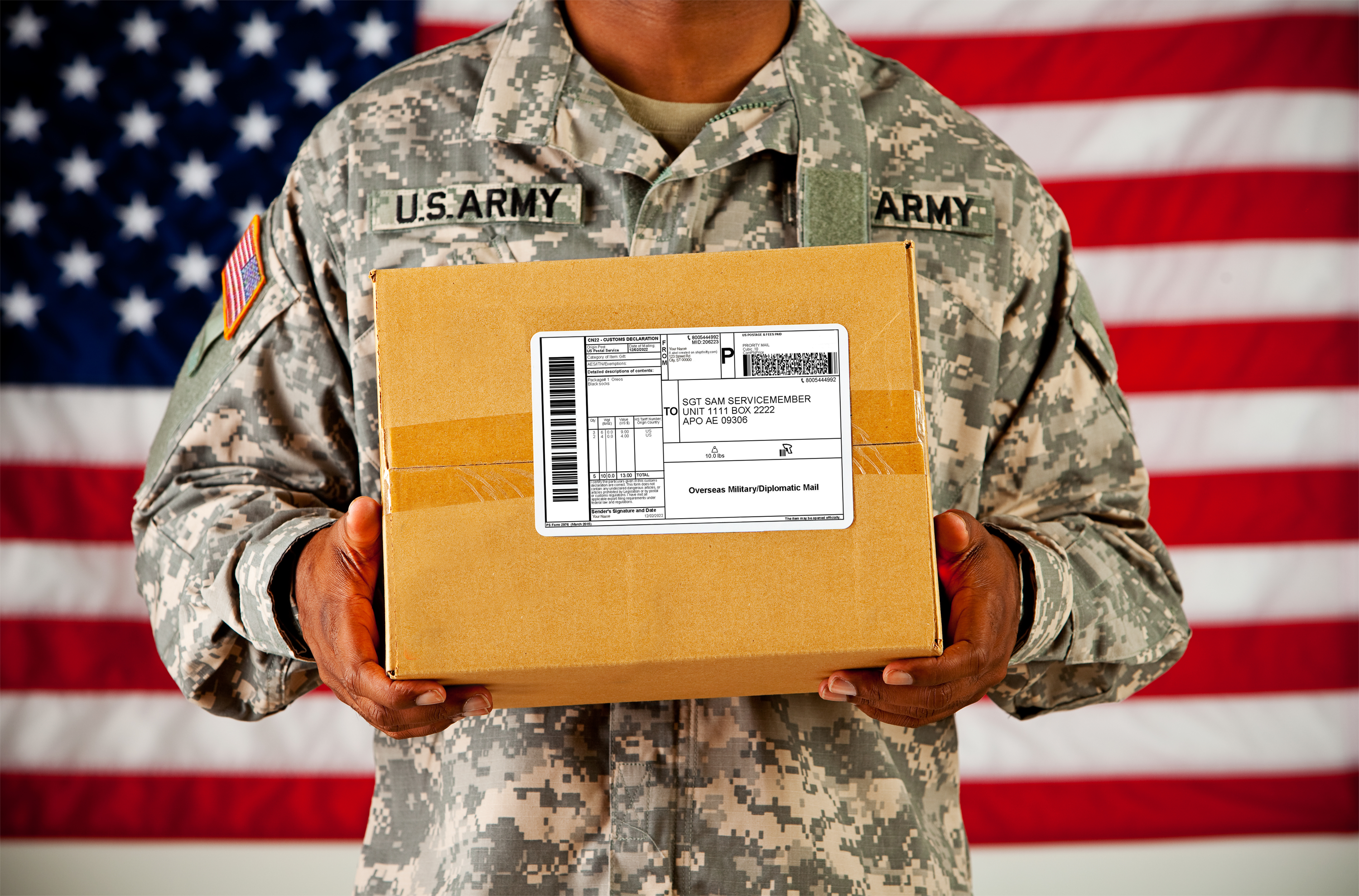 photo of army soldier holding care package with shipthrifty shipping label