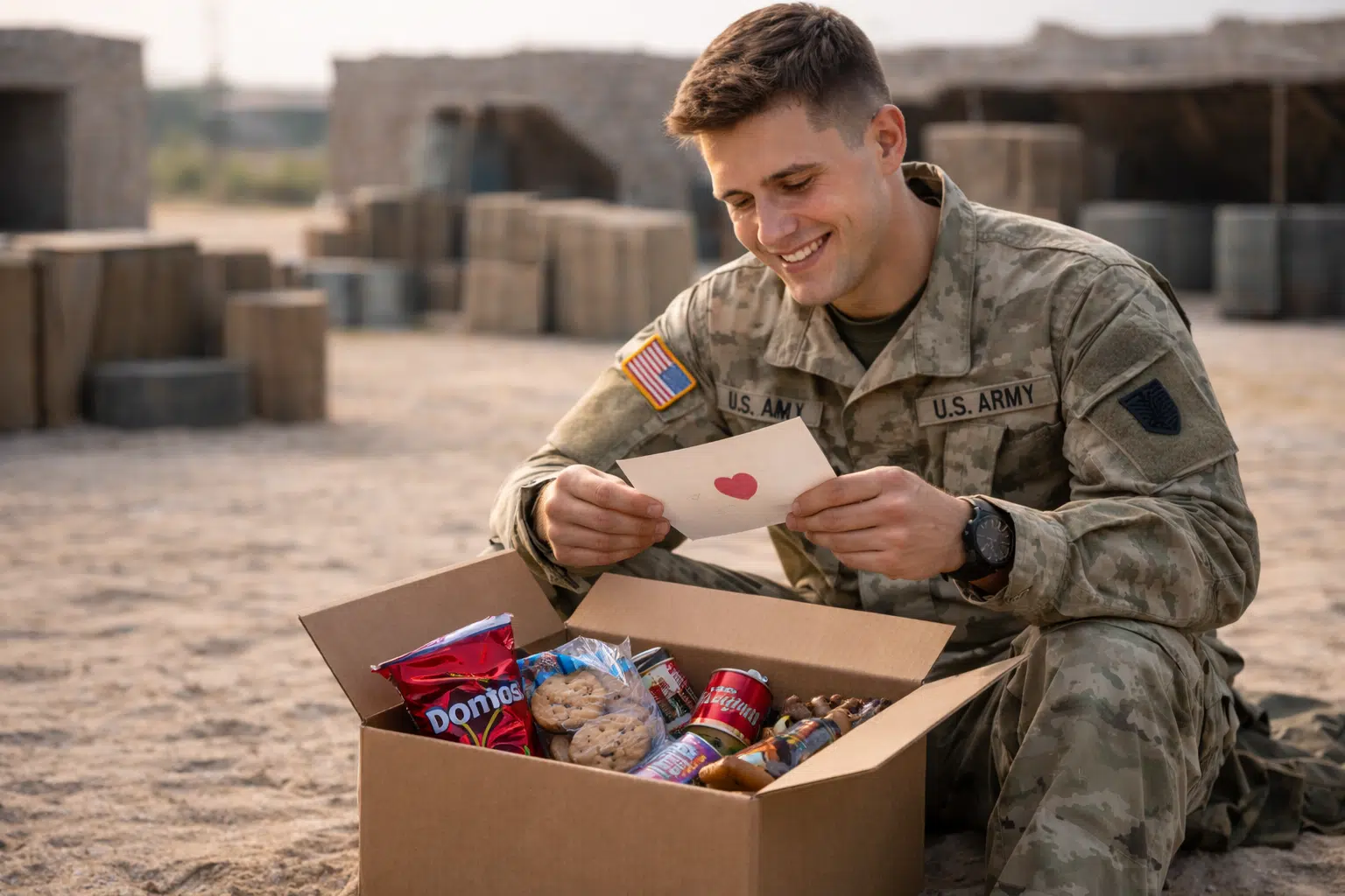 service member with brown box